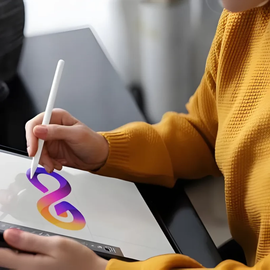 Lápiz Stylus ID730 Blanco con cuerpo mate y punta fina, usado sobre tablet; diseño minimalista, ergonómico y preciso para dibujo y notas digitales