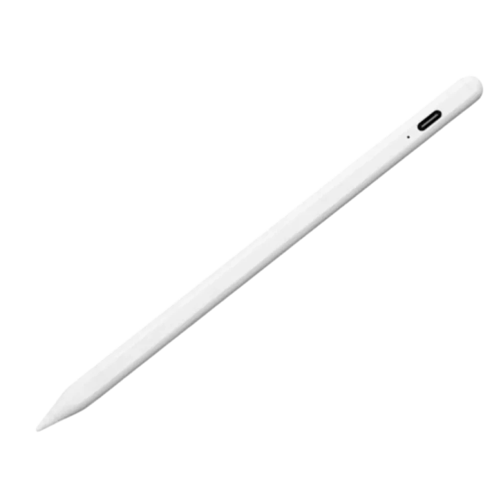 Lápiz Stylus ID715D Blanco con cuerpo cilíndrico mate, punta fina de precisión y puerto de carga lateral; diseño minimalista y ligero.