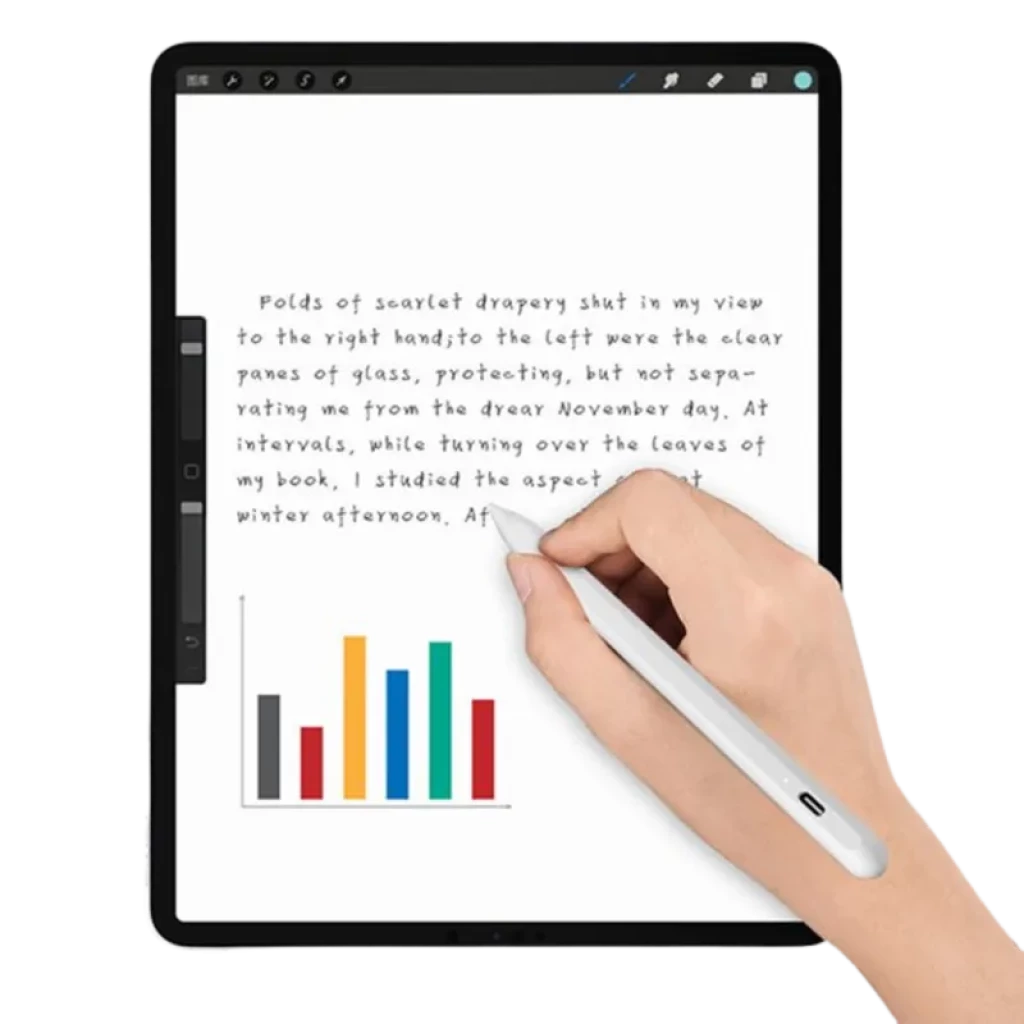 Lápiz Stylus ID715D Blanco con punta fina, cuerpo ergonómico y clip, usado sobre tablet para escribir y dibujar con precisión y control