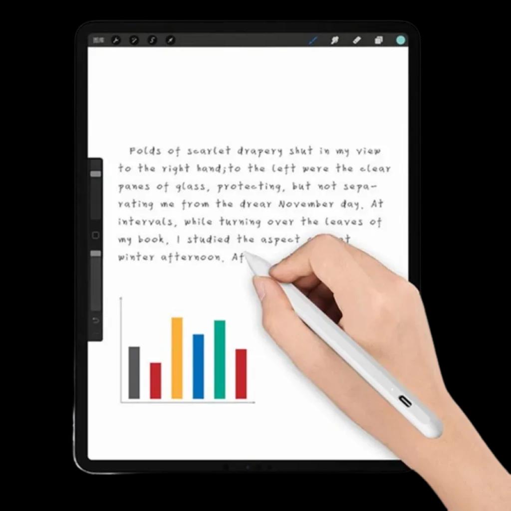 Lápiz Stylus ID715 Blanco con cuerpo liso y punta fina capacitiva, botón lateral y clip; compatible con tablet, ideal para escritura y dibujo precisos.