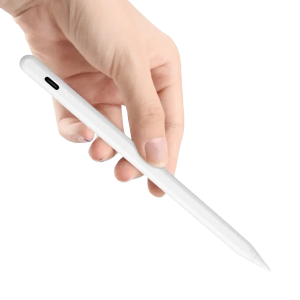 Lápiz Stylus ID715 Blanco con cuerpo liso y punta fina, acabado brillante y puerto de carga lateral USB-C, diseño ergonómico para pantallas táctiles