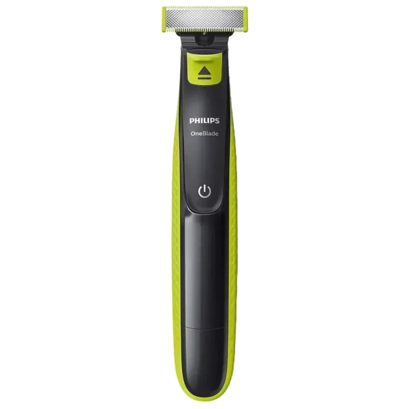 Aparador Philips OneBlade QP2724/10 preto com detalhes verdes, lâmina reta com proteção, corpo ergonômico e botão de ligar centralizado