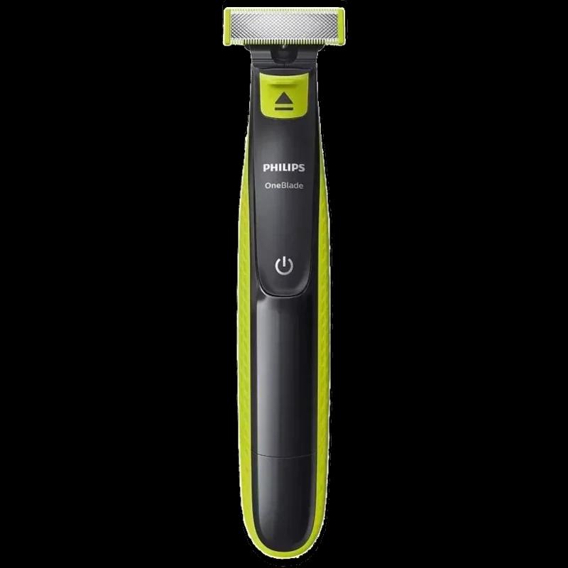 Aparador Philips OneBlade QP2724/10 preto com detalhes verdes, lâmina reta com proteção, corpo ergonômico e botão de ligar centralizado