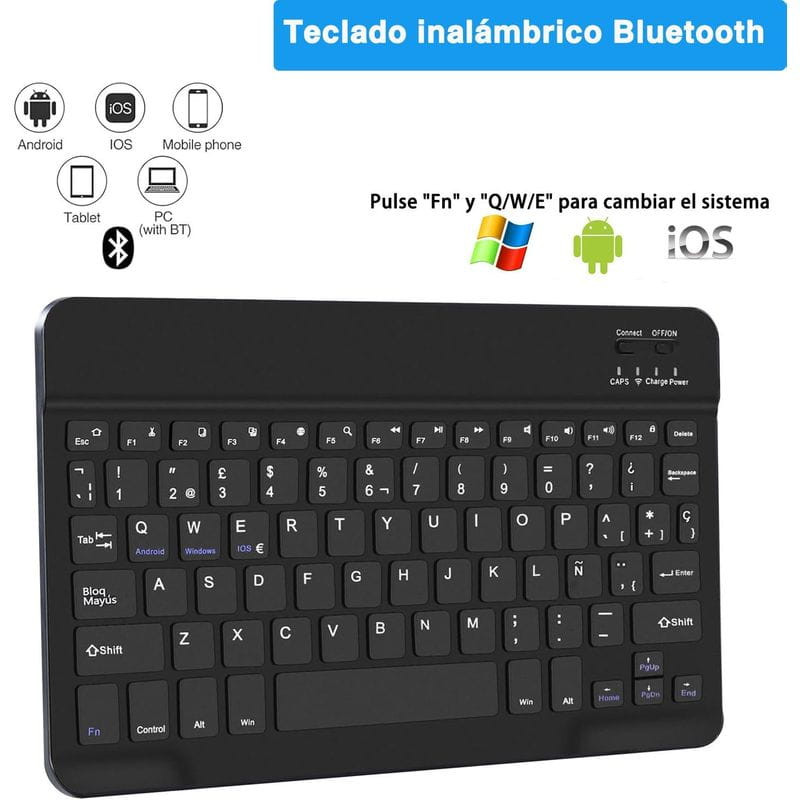 Teclado inalámbrico Bluetooth negro compacto, compatible con Android, iOS, tablet y PC; teclas en español, indicadores LED y atajos Fn para cambiar sistema