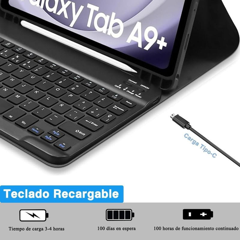 Teclado recarregável com capa para Galaxy Tab S11, layout espanhol, suporte a caneta, conector USB-C, teclas retroiluminadas e base estável para digitação