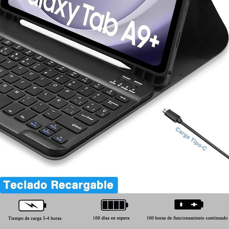 Teclado recarregável com capa para Galaxy Tab S11, layout espanhol, suporte a caneta, conector USB-C, teclas retroiluminadas e base estável para digitação