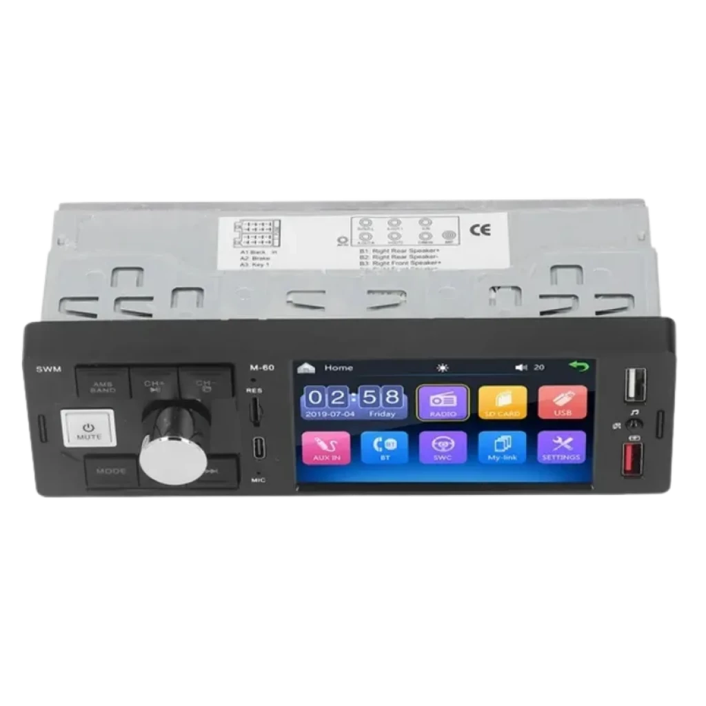 SWM M60 Preto Autorádio 1 DIN com painel frontal preto, tela colorida, botão de volume, USB duplo, entrada AUX, leitor microSD e portas para microfone