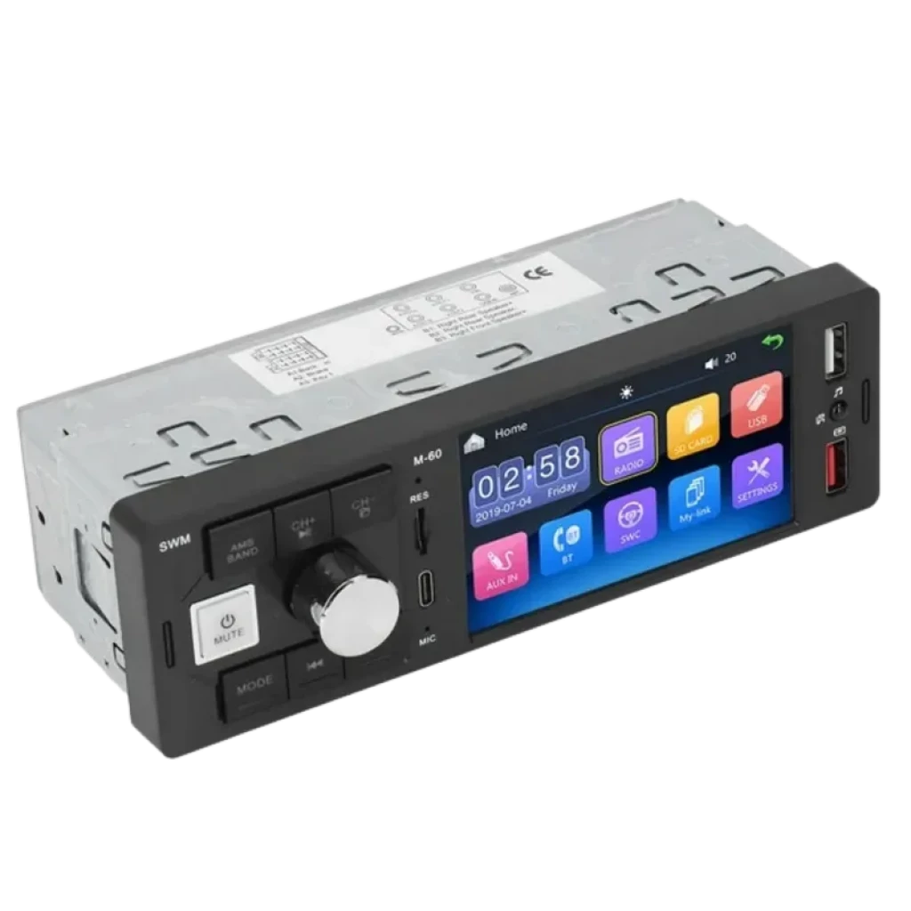 SWM M60 Preto autorádio 1 DIN com ecrã colorido, botão de volume central, portas USB e AUX, ranhura microSD, microfone e comandos dedicados