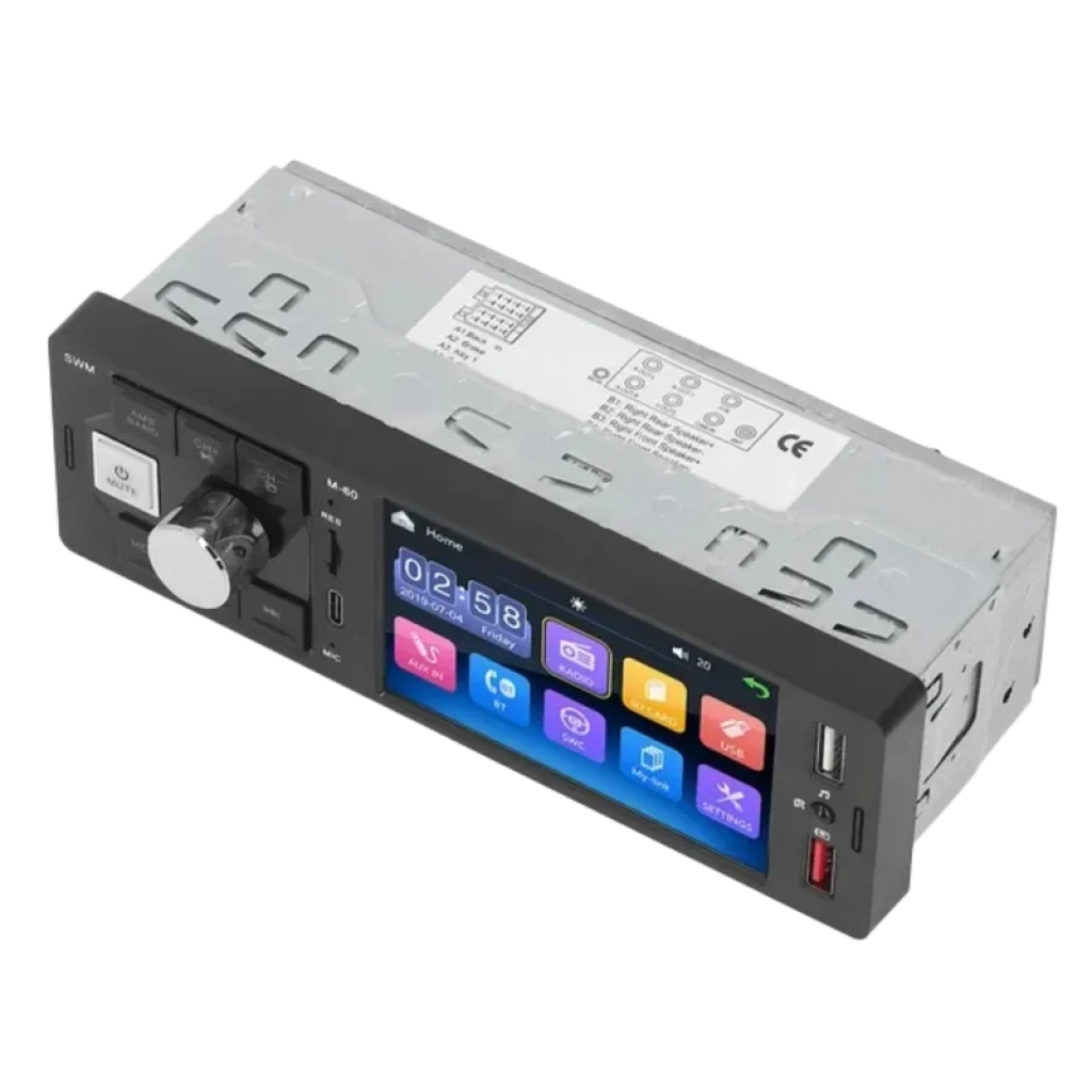 SWM M60 Preto - Autorádio 1 DIN com ecrã colorido, botões físicos, botão de volume, portas USB e AUX frontais, slot microSD e interface moderna