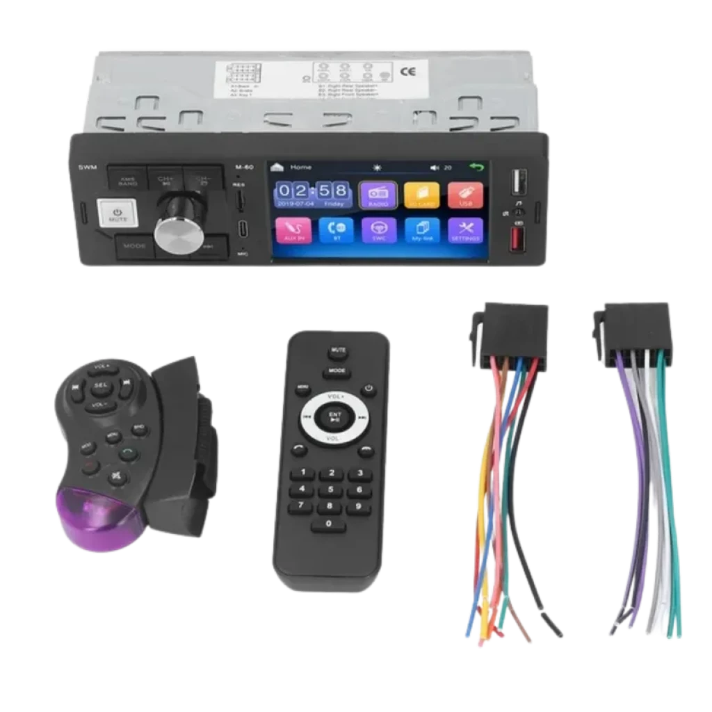 SWM M60 Preto - Autorádio 1 DIN com ecrã colorido, botão de volume, porta USB, leitor SD, entrada AUX, comando remoto e chicotes de ligação