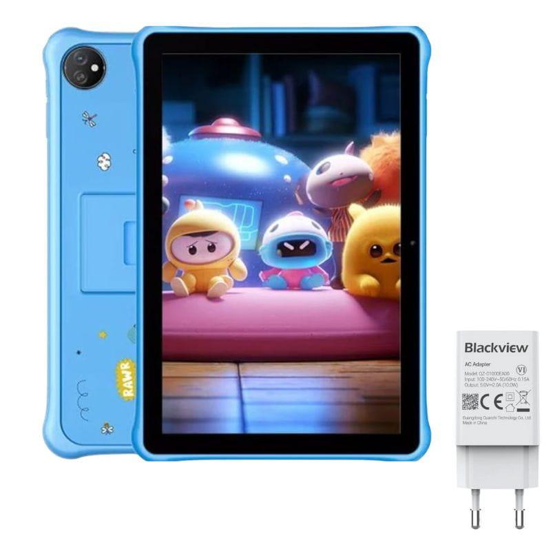 Tablet infantil azul con funda resistente, pantalla grande con dibujos, cámara trasera, botones laterales y cargador Blackview incluido.