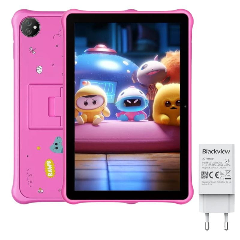 Blackview Tab 30 Kids 2Go/64Go Rose – tablette enfant rose avec coque antichoc, béquille intégrée, écran animé coloré et chargeur secteur inclus.