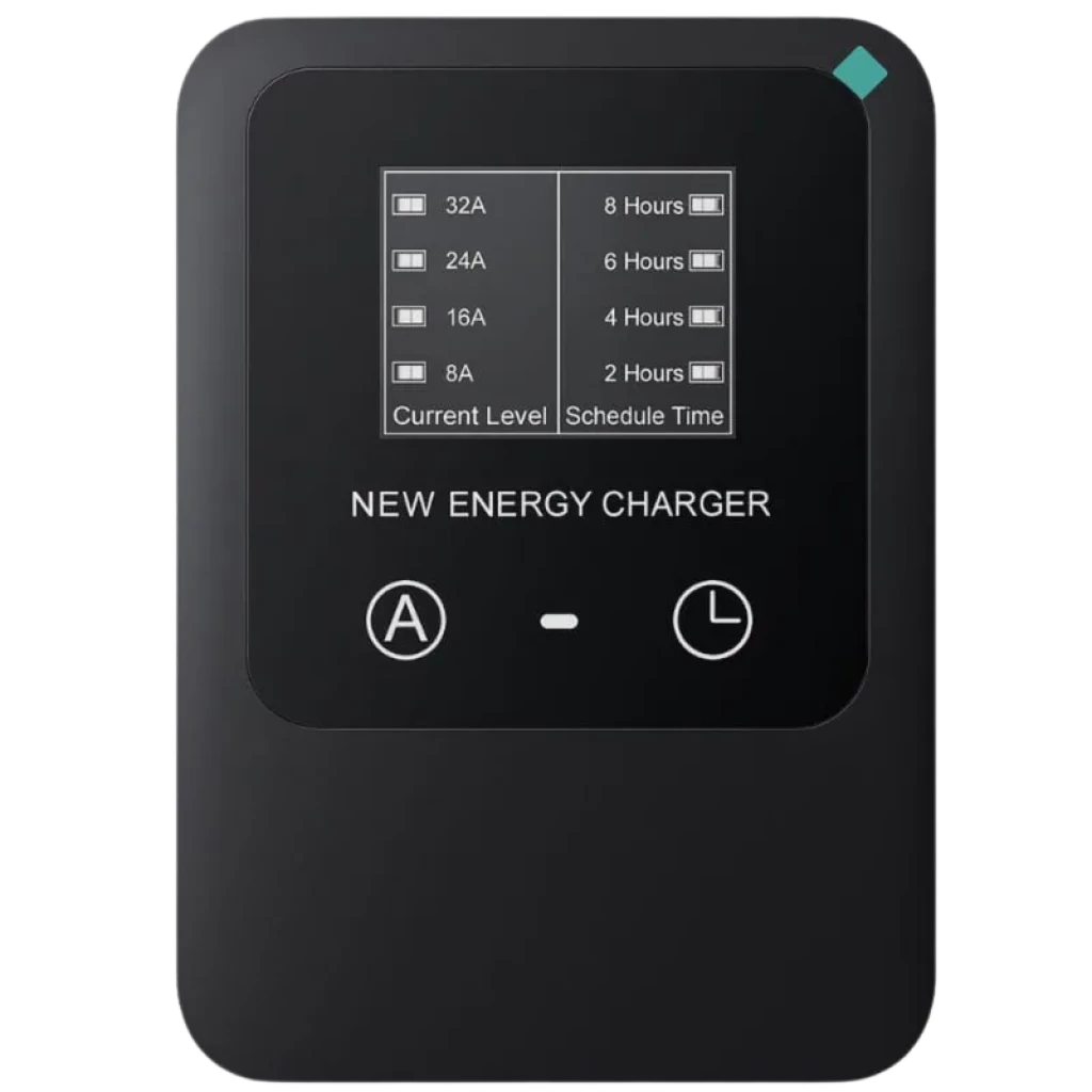 Cargador EV Tipo 2 de pared negro con pantalla LCD, botones A y L, indicador LED y niveles 8A a 32A; cable 5 m, 32A 7.0 kW monofásico sin enchufe
