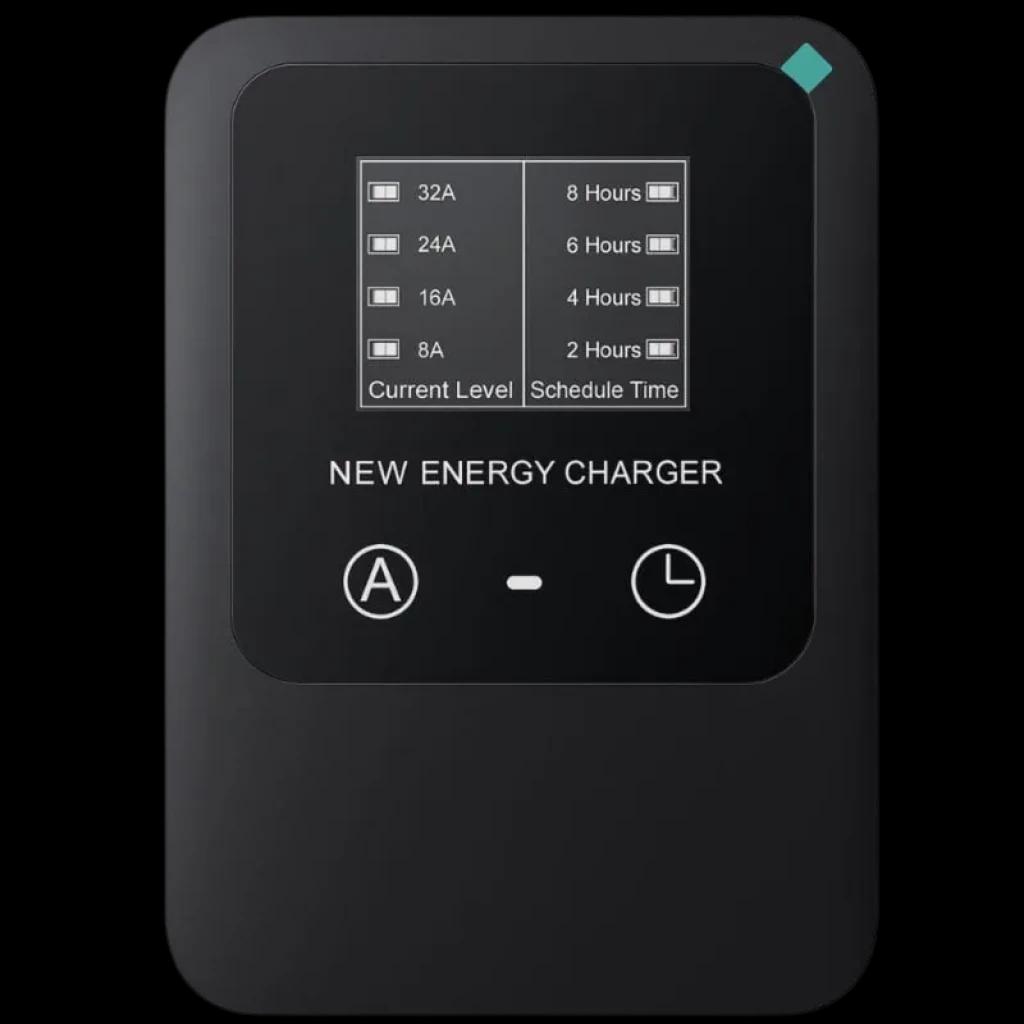 Cargador EV Tipo 2 de pared negro con pantalla LCD, botones A y L, indicador LED y niveles 8A a 32A; cable 5 m, 32A 7.0 kW monofásico sin enchufe