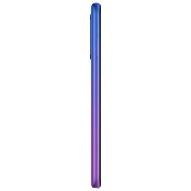 Xiaomi Redmi 9 4GB/64GB Gris Reacondicionado Oficial visto de perfil ultradelgado, borde curvo y acabado degradado azul a morado con módulo de cámara trasera