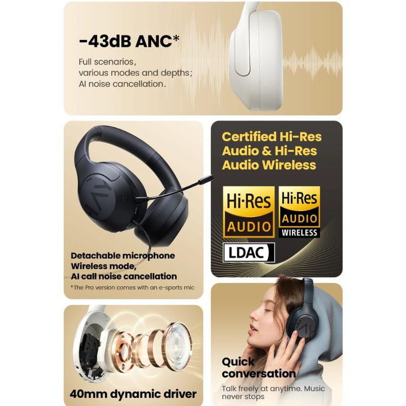Haylou S30 ANC Blanco: auriculares over-ear con cancelación de ruido -43 dB, micrófono desmontable, driver dinámico 40 mm, audio Hi-Res LDAC inalámbrico
