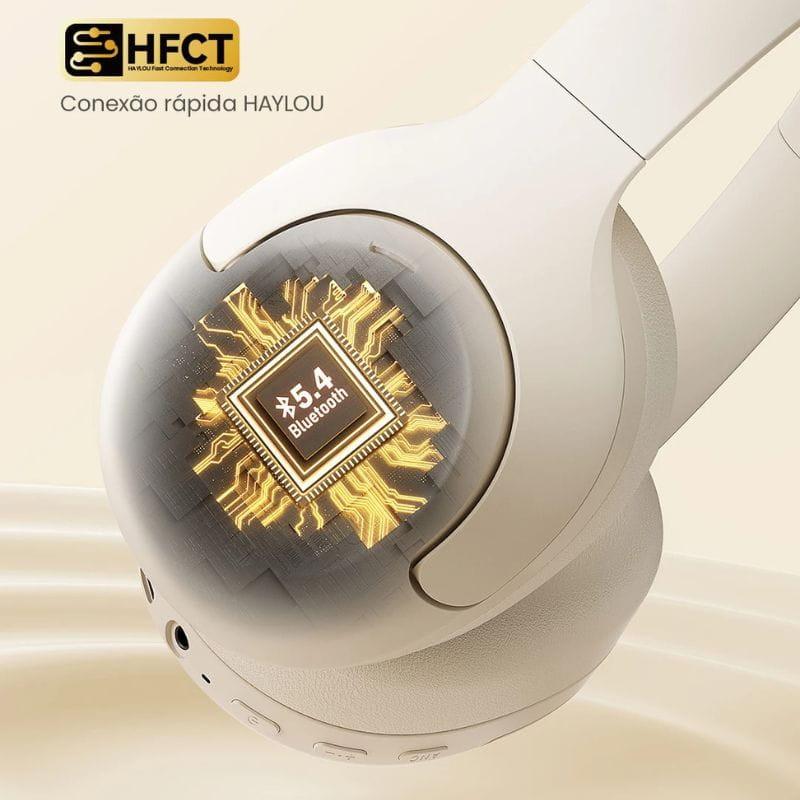 Auricular Haylou S30 ANC Blanco con detalle de chip Bluetooth 5.4 resaltado, controles en la copa, puerto de audio y diseño over-ear elegante en color marfil