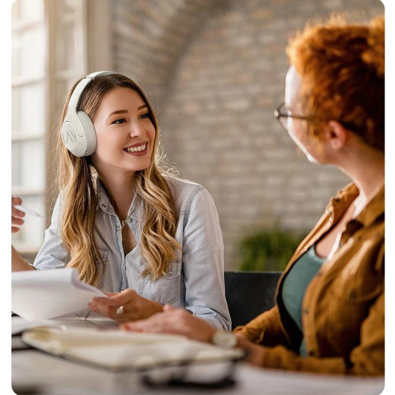 Haylou S30 ANC Blanco, audífonos over-ear blancos con acolchado suave y diadema ajustable; diseño moderno, logo lateral H, uso cómodo en oficina