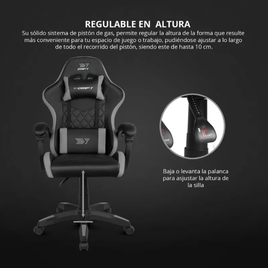 Silla gaming DRIFT DR35 negro y gris con cojines lumbar y cervical, reposabrazos acolchados, respaldo ergonómico, base con ruedas y altura regulable con