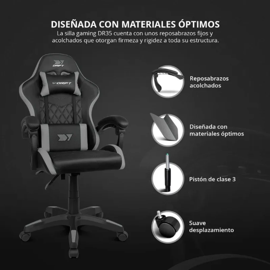 Silla gaming DRIFT DR35 Negro, Gris con reposabrazos acolchados, cojín lumbar, materiales resistentes, pistón clase 3 y ruedas para desplazamiento suave