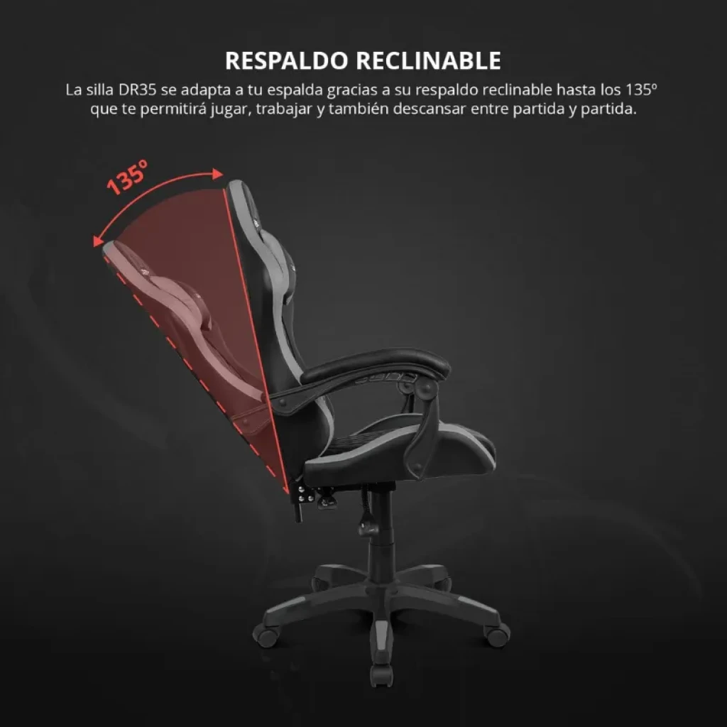 DRIFT DR35 Negro, Gris con respaldo reclinable hasta 135°, cojines ergonómicos, apoyabrazos curvos y base con ruedas; diseño gaming cómodo y robusto