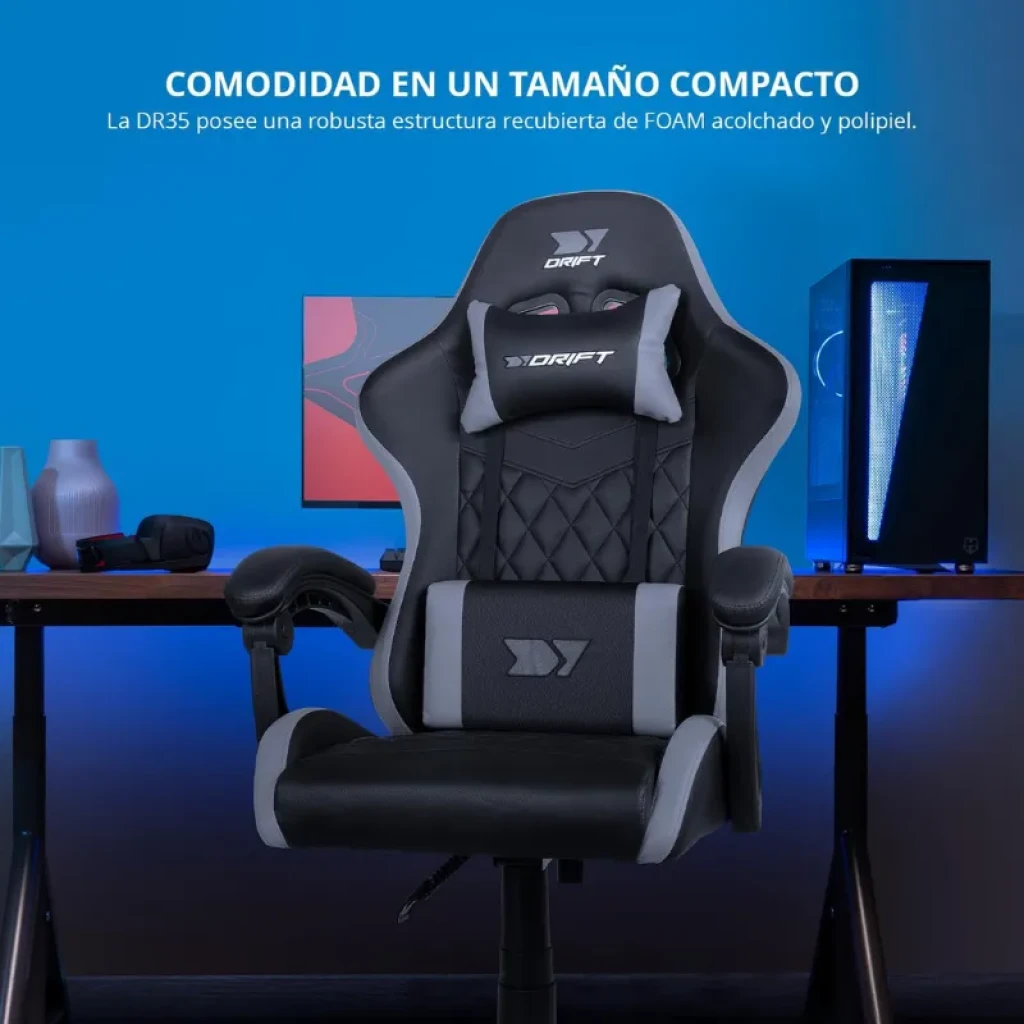 Silla gaming DRIFT DR35 negra y gris con reposacabezas y cojín lumbar, acolchado de foam y polipiel, reposabrazos acolchados y diseño ergonómico compacto