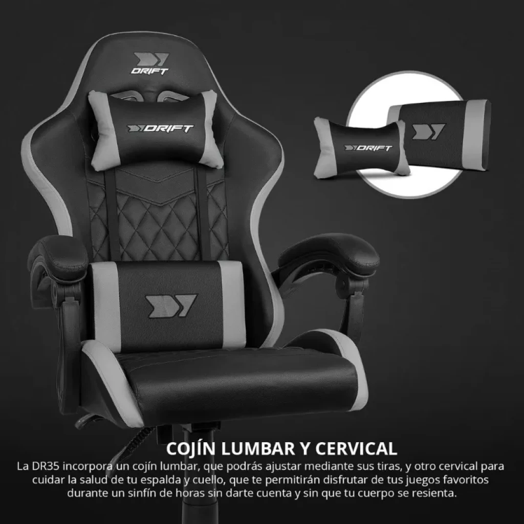 Silla gaming DRIFT DR35 negra y gris con cojines lumbar y cervical ajustables, reposabrazos acolchados, respaldo ergonómico y tapizado en cuero sintético