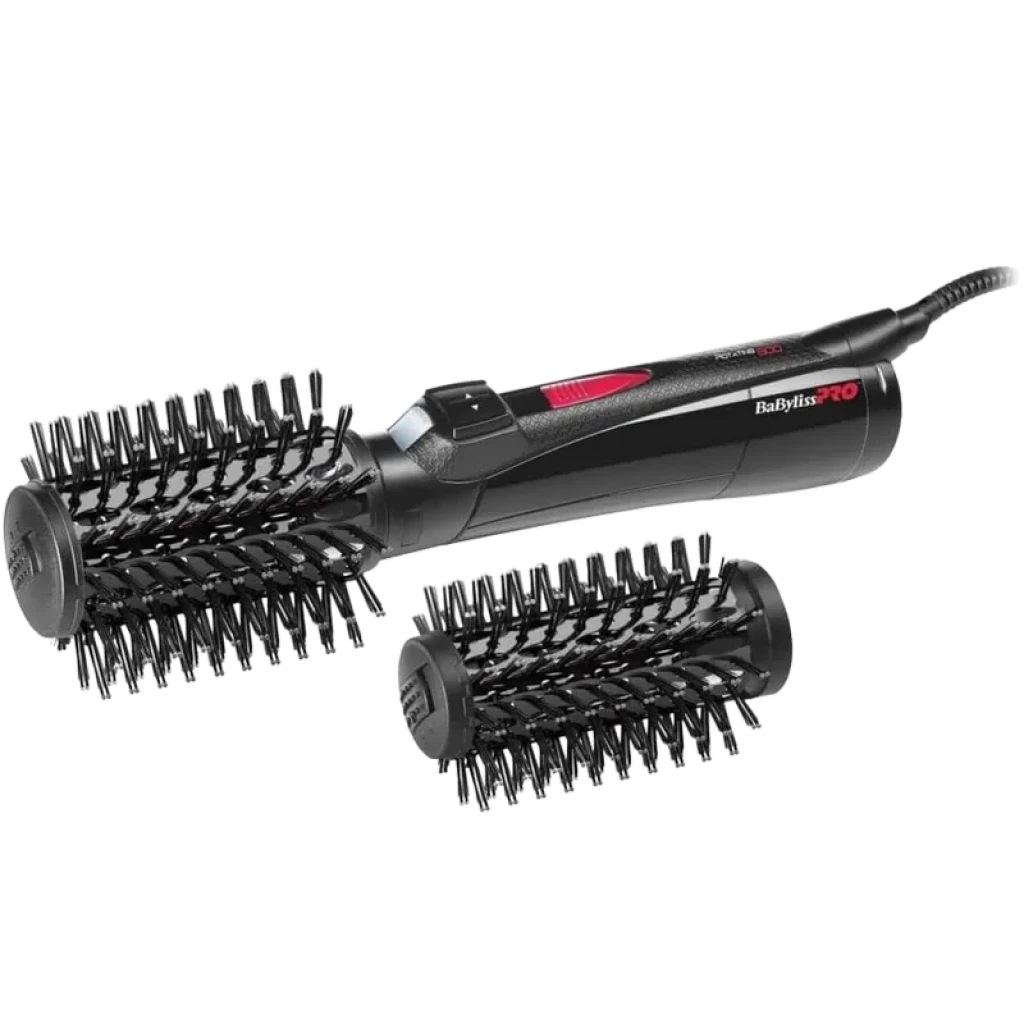 BaByliss BAB2770E Negro caliente cepillo de aire giratorio con dos cabezales intercambiables, cerdas mixtas, acabado negro con detalles rojos y cable giratorio