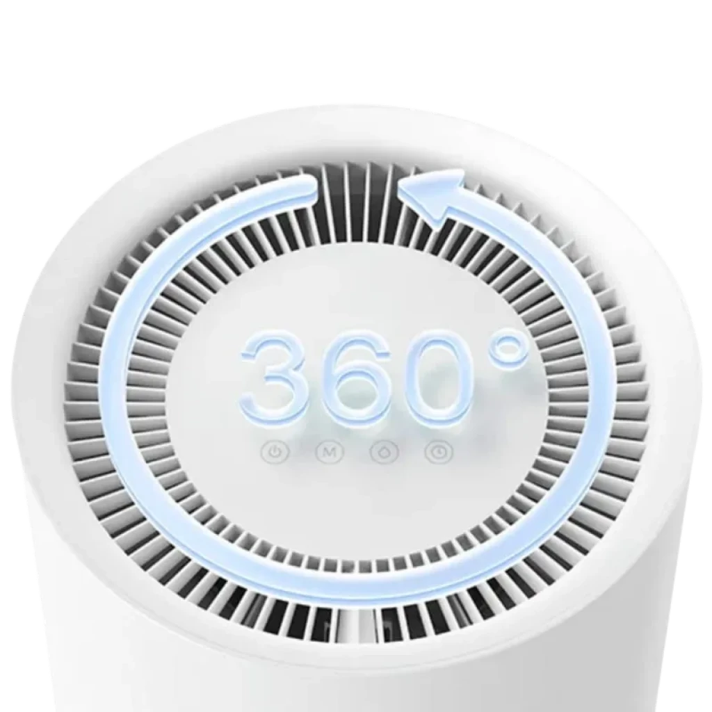 Xiaomi Smart Dehumidifier Lite Branco com grelha superior 360°, indicador luminoso e botões táteis frontais; design cilíndrico minimalista em branco.