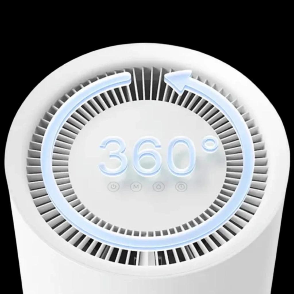Xiaomi Smart Dehumidifier Lite Branco com grelha superior 360°, indicador luminoso e botões táteis frontais; design cilíndrico minimalista em branco.