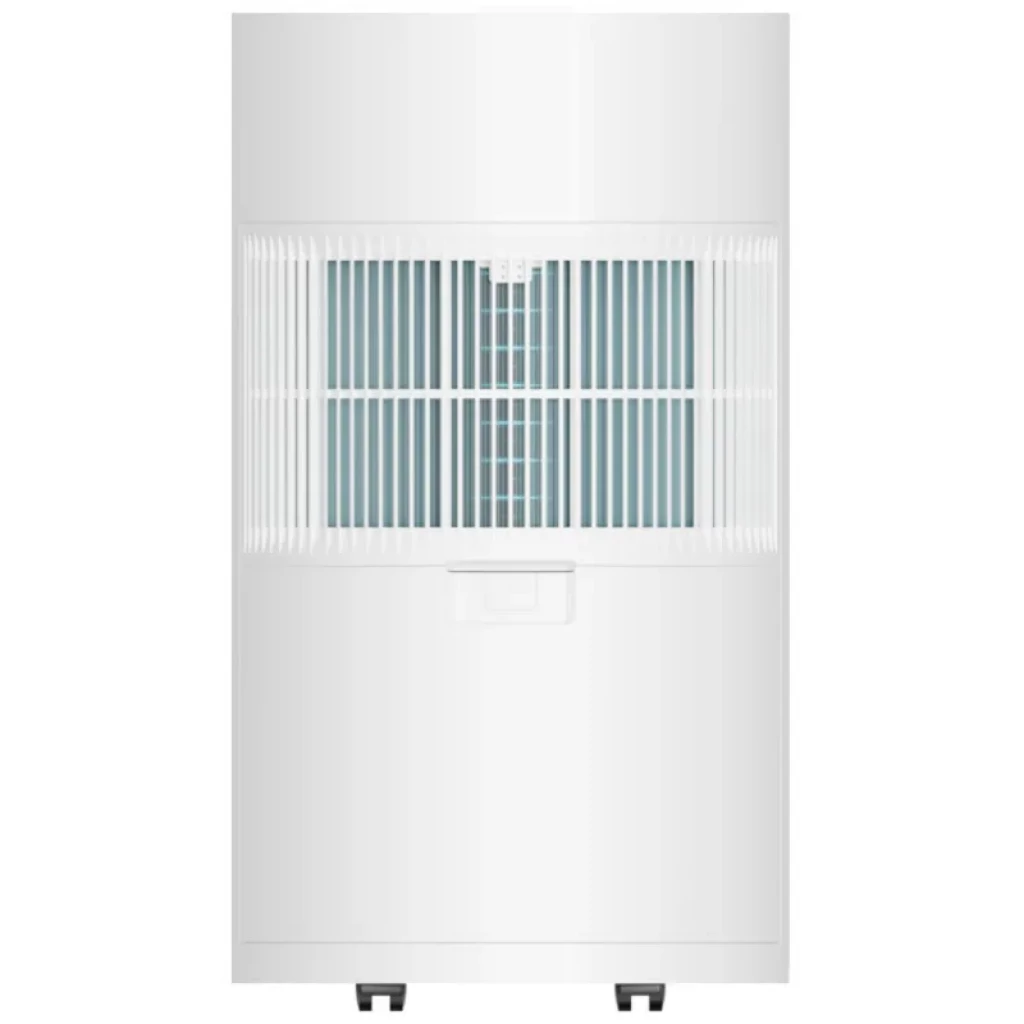 Xiaomi Smart Dehumidifier Lite Branco com design minimalista, grade frontal ampla, visor central azul e rodízios inferiores para fácil mobilidade