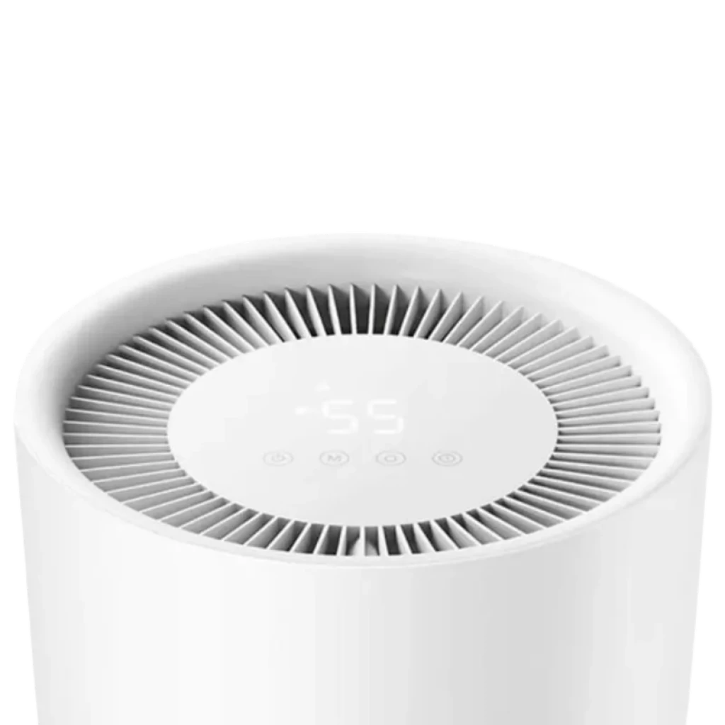 Xiaomi Smart Dehumidifier Lite Branco com topo circular, grelha radial, painel LED digital e botões táteis; design minimalista e acabamento fosco branco