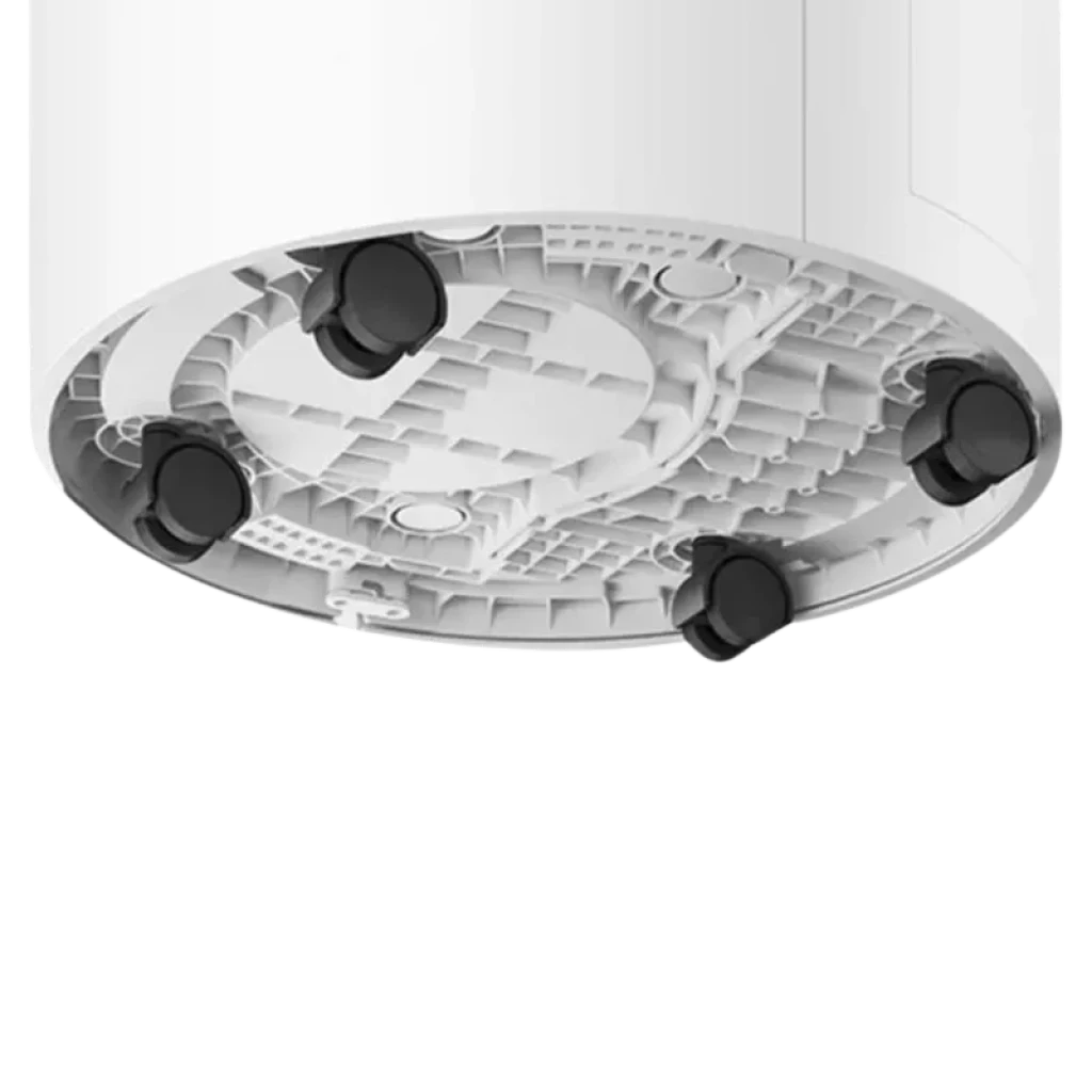 Base do Xiaomi Smart Dehumidifier Lite Branco com quatro rodízios pretos, design circular, acabamento branco fosco e estrutura inferior texturizada para