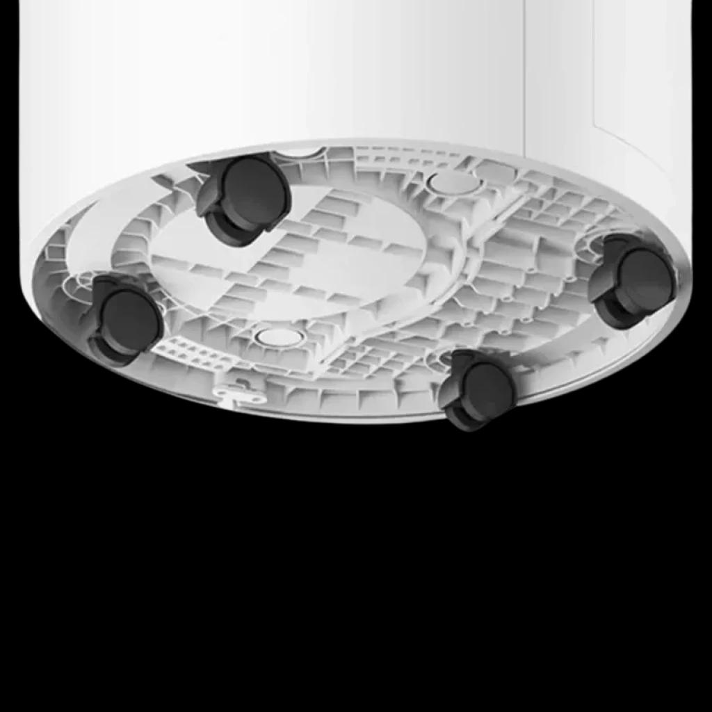 Base do Xiaomi Smart Dehumidifier Lite Branco com quatro rodízios pretos, design circular, acabamento branco fosco e estrutura inferior texturizada para