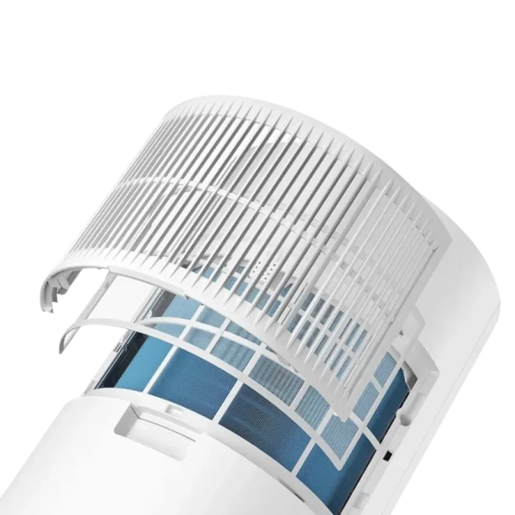 Xiaomi Smart Dehumidifier Lite Branco com grelha superior removível e filtro azul visível, design minimalista em branco, detalhes curvos e ventilação ampla