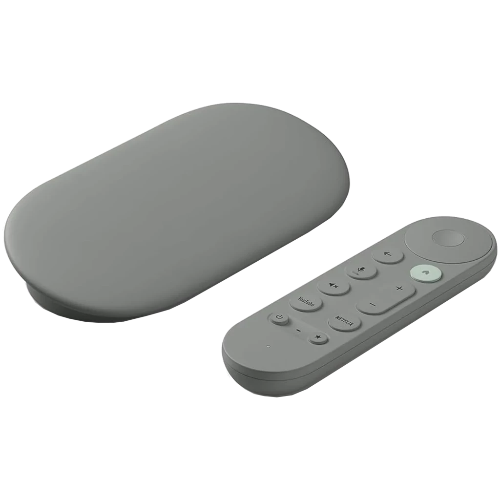 Google TV Streamer 4K castanho com controle remoto minimalista: botões Home, Voltar, Assistente, Atalhos de apps e navegação circular, design compacto