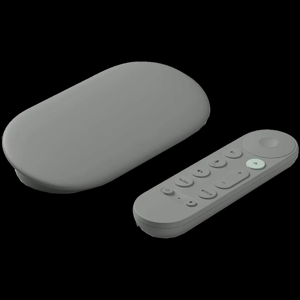 Google TV Streamer 4K castanho com controle remoto minimalista: botões Home, Voltar, Assistente, Atalhos de apps e navegação circular, design compacto