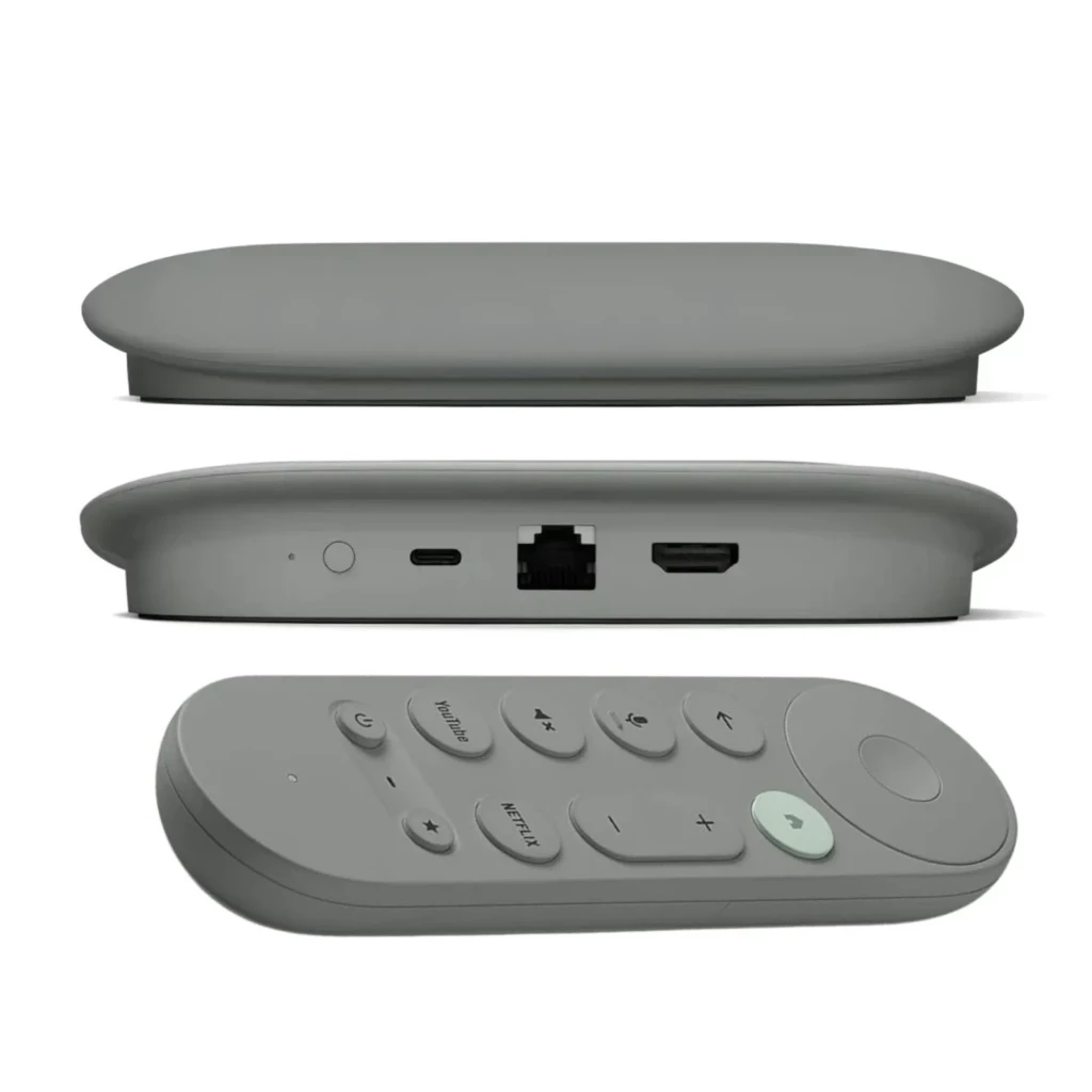 Google TV Streamer 4K castanho com controle remoto, porta HDMI, USB-C e Ethernet. Design compacto, botões Netflix e YouTube dedicados. Versão importada