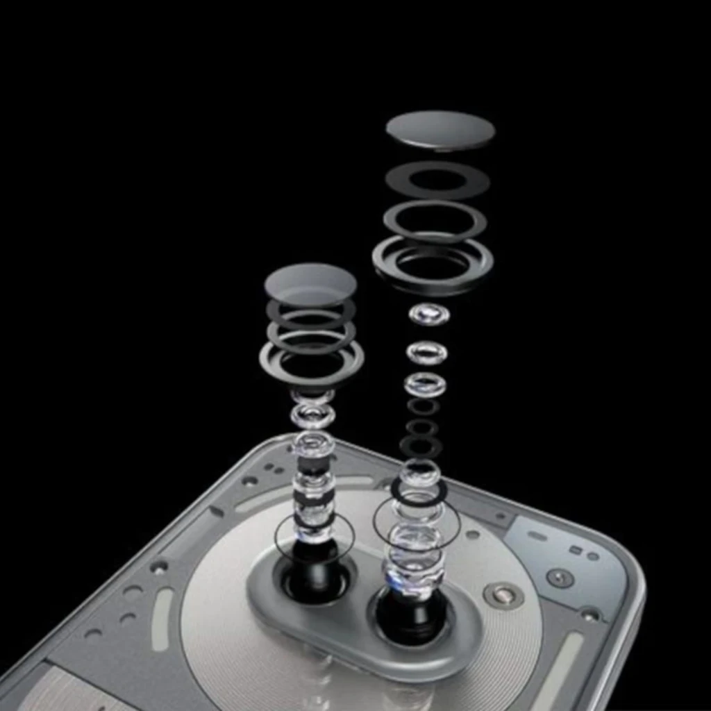 Nothing Phone 2a Plus 12Go/256Go Gris avec doubles modules caméra arrière détaillés, lentilles superposées et design transparent mettant en valeur les