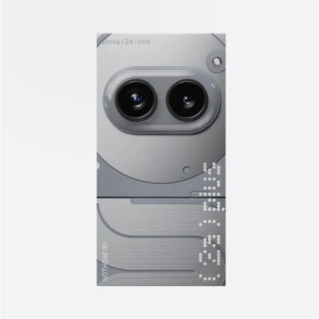 Nothing Phone 2a Plus 12Go 256Go Gris module arrière gris avec double caméra horizontale et design transparent texturé futuriste, lignes et marquages
