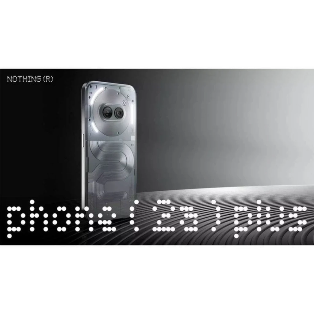 Nothing Phone 2a Plus 12Go/256Go Gris avec dos transparent, double capteur photo centré, design industriel minimaliste, typographie à points moderne