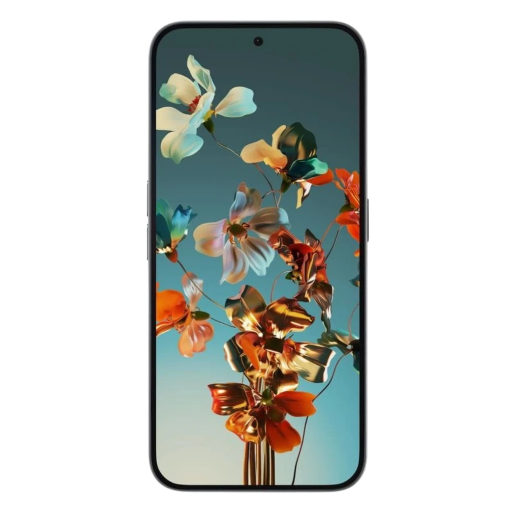 Nothing Phone 2a Plus 12Go/256Go Gris avec écran bord fin, poinçon centré et fond floral coloré; cadre métallique discret, design épuré et moderne