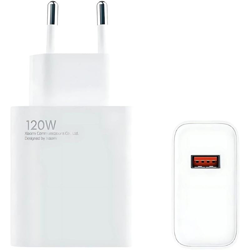 Xiaomi 120W HyperCharge Combo USB Type-A Blanc - Chargeur de smartphone, image avant et arrière du chargeur mural