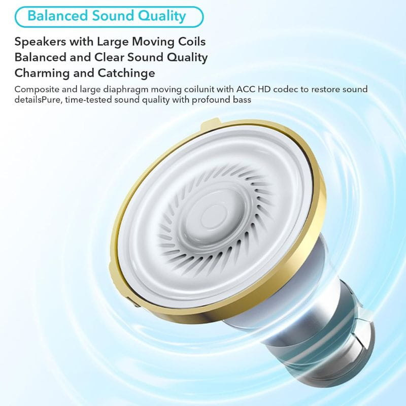 Honor Earbuds X5 Blanco componente: diafragma dinámico grande con borde dorado y núcleo plateado, diseño circular, optimiza claridad y graves en carcasa