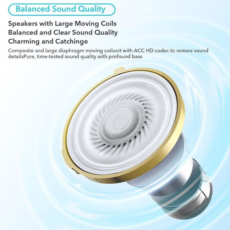 Honor Earbuds X5 Blanco componente: diafragma dinámico grande con borde dorado y núcleo plateado, diseño circular, optimiza claridad y graves en carcasa