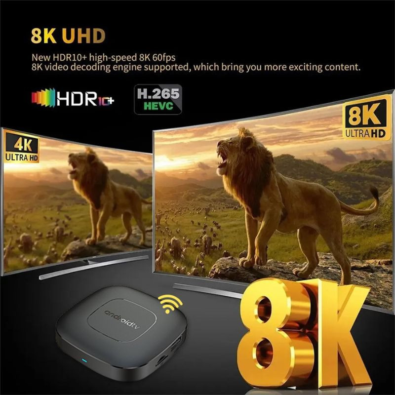 T1 H313 Android TV negro compacto con WiFi, puerto HDMI y LED indicador. Compatible 8K HDR10+, H.265 HEVC, ideal para streaming fluido en pantallas 4K y 8K