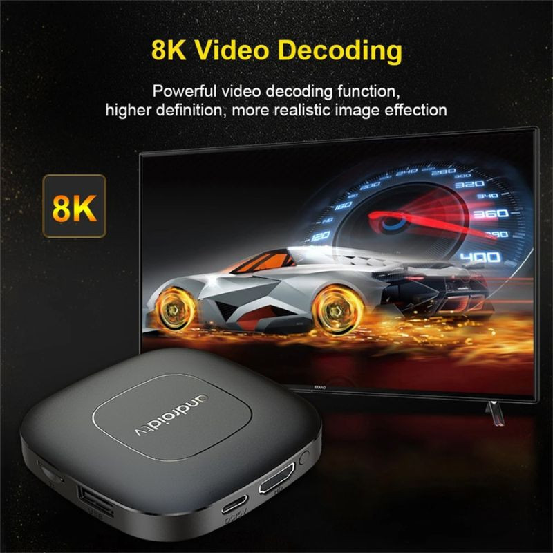 TV box Android 13 negro compacto con puertos HDMI y USB, soporte 8K, texto destacando 8K Video Decoding y televisor mostrando coche deportivo en pantalla