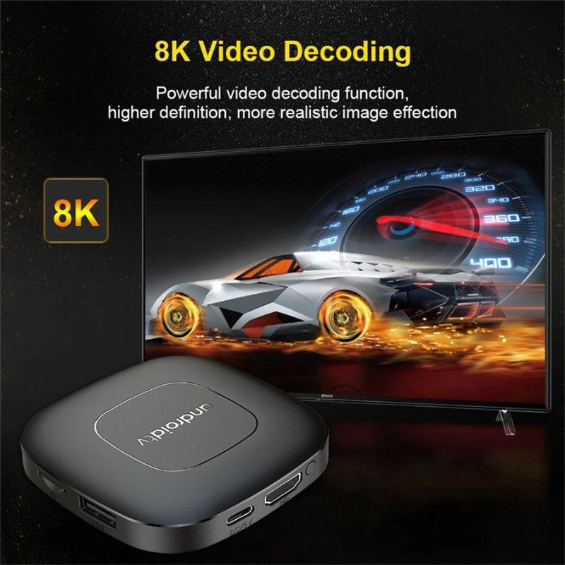 TV box Android 13 negro compacto con puertos HDMI y USB, soporte 8K, texto destacando 8K Video Decoding y televisor mostrando coche deportivo en pantalla