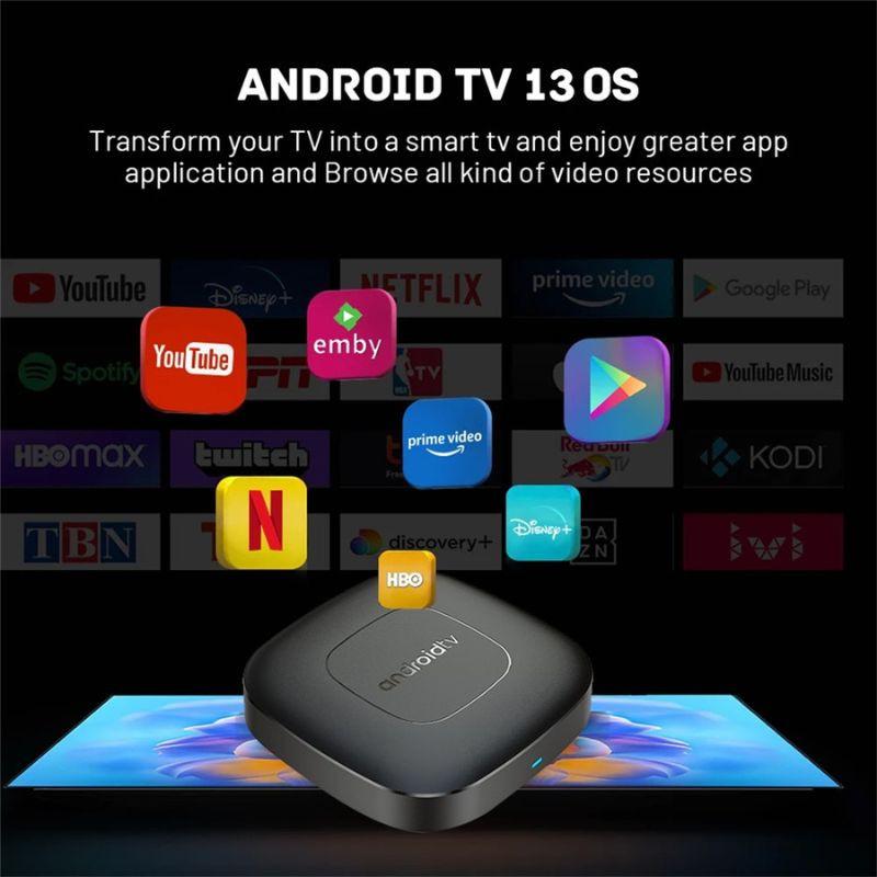 T1 H313 Android TV 13 Negro, TV box compacto con 2GB/8GB y WiFi dual; iconos de apps populares flotando sobre la unidad, diseño minimalista y moderno