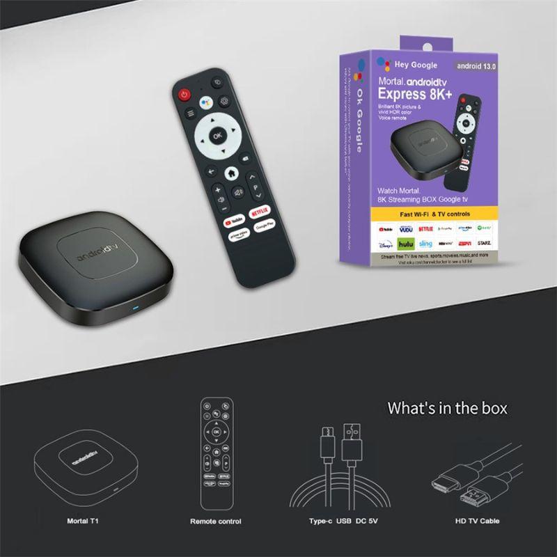 Set top box Android TV negro T1 H313 con control remoto, puertos USB Type-C y DC 5V, compatible WiFi dual, Android 13, incluye cable HDMI y cable USB